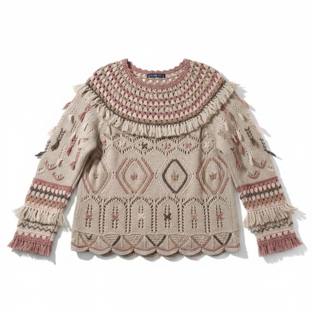 Peruvian Connection Sweater XL Beige Pink Baby Alpaca Fringe Boho Folk